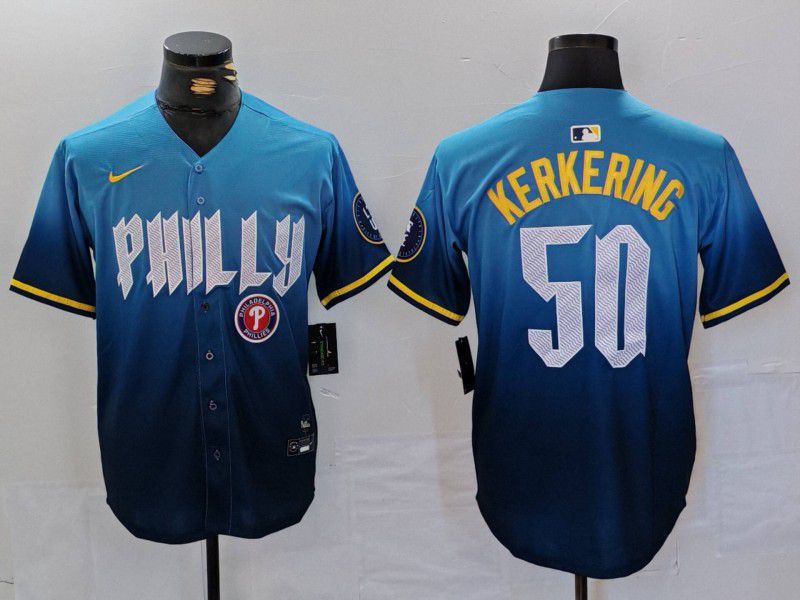 Men Philadelphia Phillies #50 Kerkering Blue City Edition Nike 2024 MLB Jersey style 5